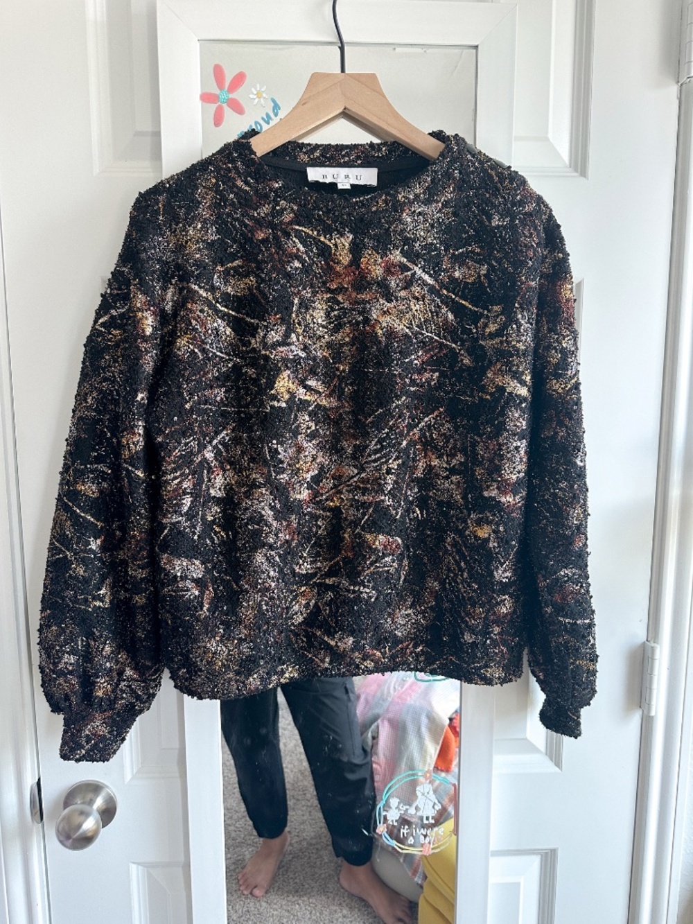 BURU XS Black Metallic Splatter Textured Snappy Pullover Sweater